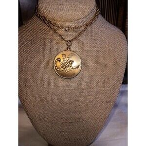 Vintage 70s Gold Tone Scorpio Zodiac Large Round Pendant Long Necklace